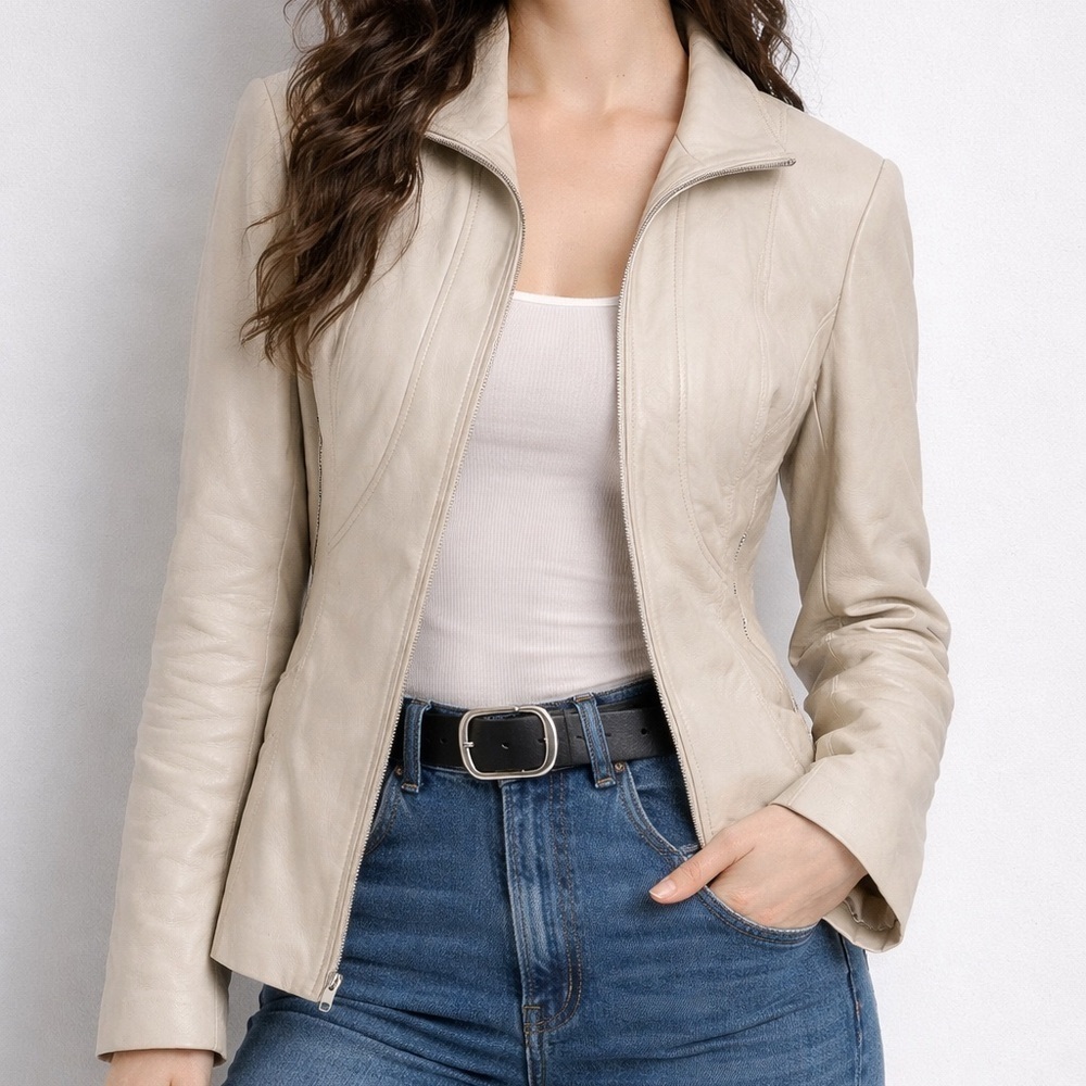Vintage Danier Genuine Leather Jacket Creamy Taupe, Zip, Minimalist Cut 8/10